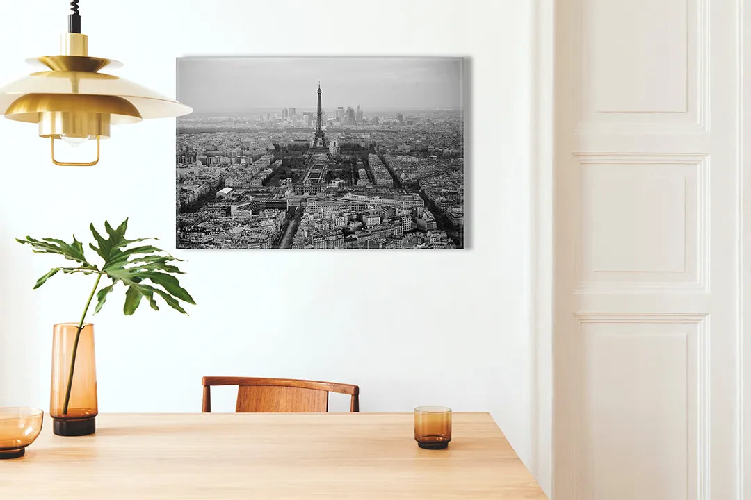 Kork-Pinnwände auf Leinwand mit schwarz-weiß-panorama von paris – Format 100 × 70 cm