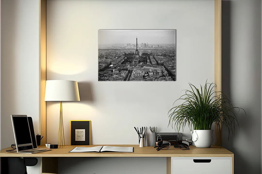Kork-Pinnwände auf Leinwand mit schwarz-weiß-panorama von paris – Format 140 × 100 cm