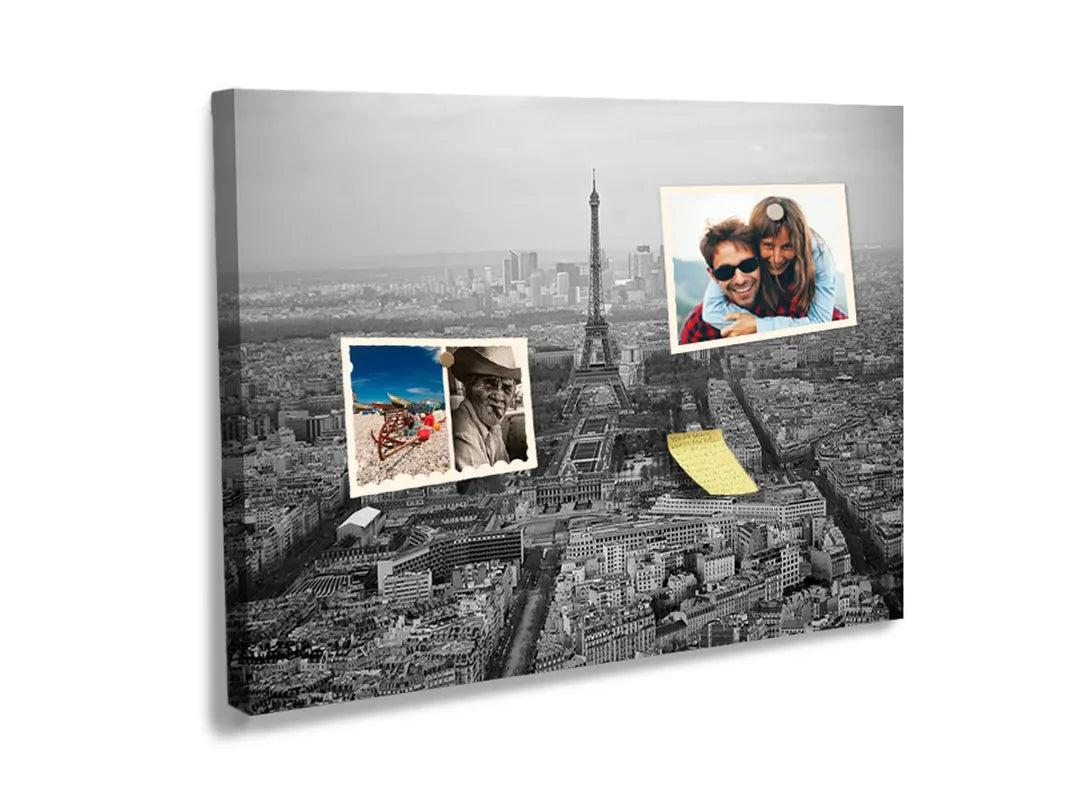 Kork-Pinnwände auf Leinwand mit schwarz-weiß-panorama von paris – Format 60 × 40 cm