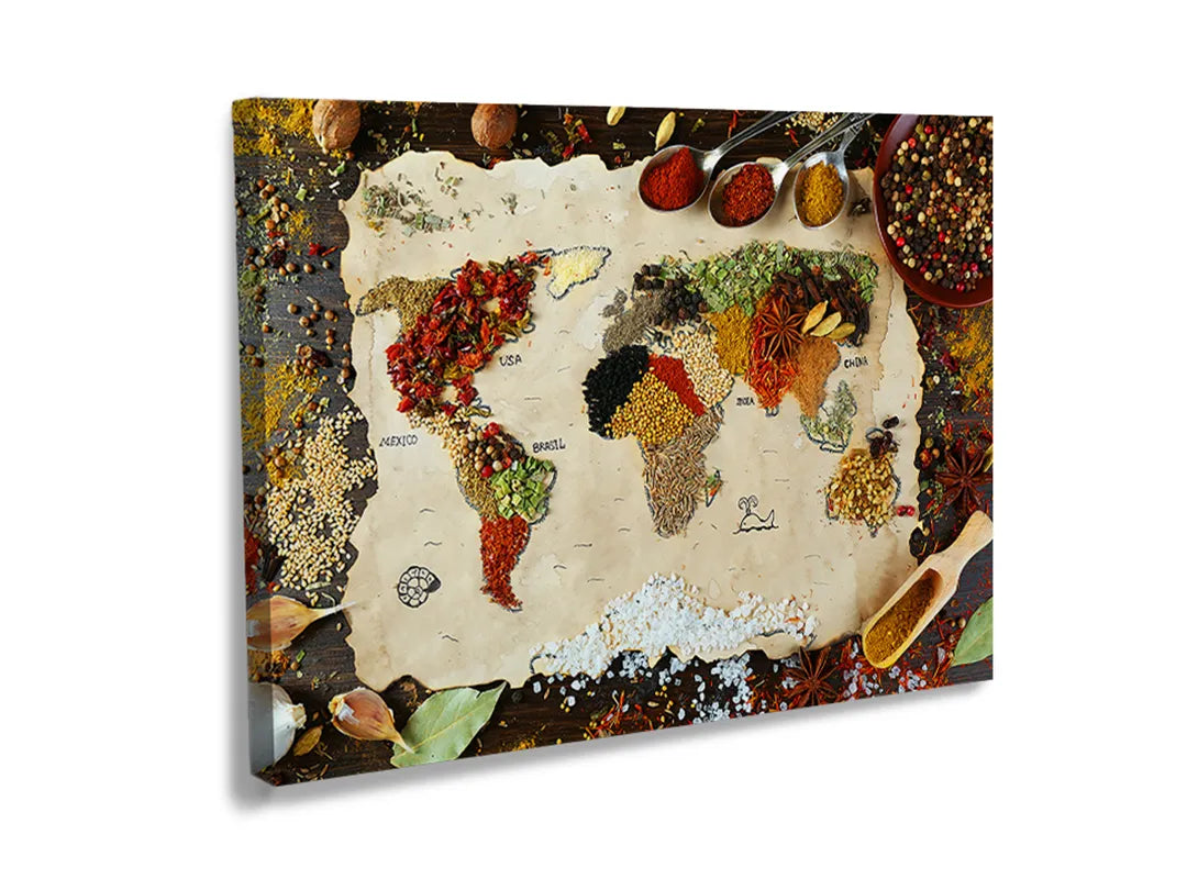 Kork-Pinnwände auf Leinwand mit weltkarte aus kräutern und gewürzen – Format 120 × 80 cm