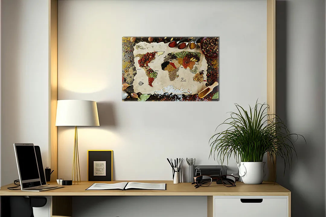 Kurkborden op canvas met wereldkaart van kruiden en specerijen – formaat 140 × 100 cm