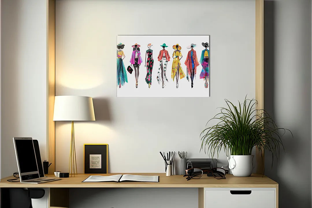 Kurkborden op canvas met kleurrijke modefiguren op wit – formaat 140 × 100 cm