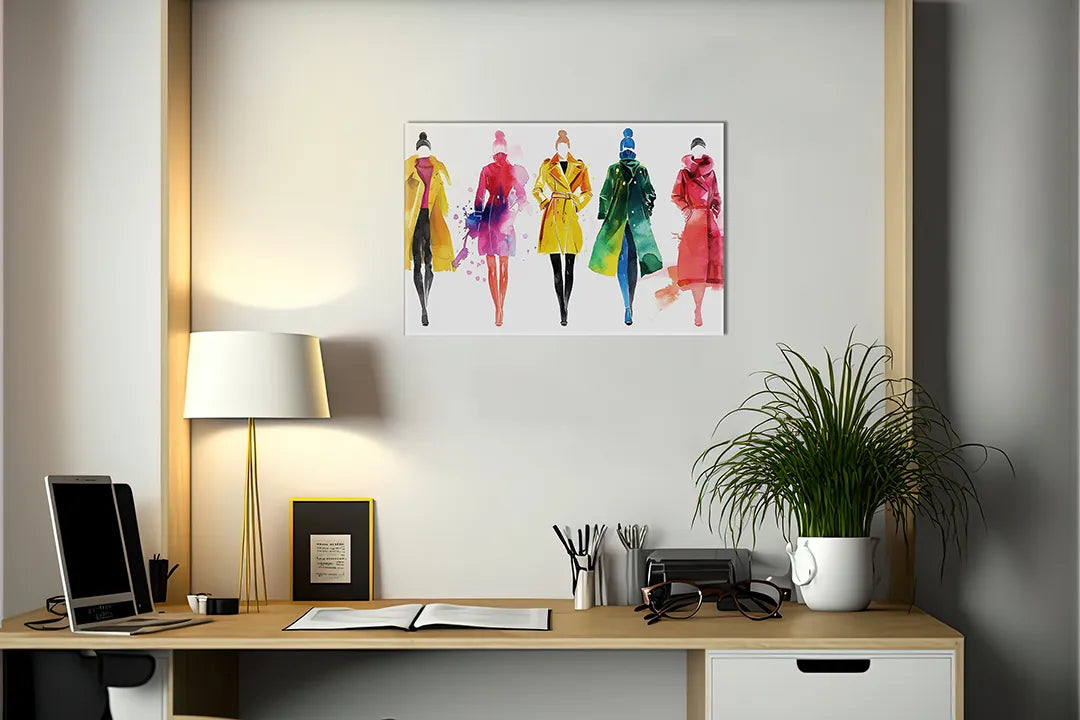 Kurkborden op canvas met modeillustraties met kleurrijke jurken – formaat 140 × 100 cm