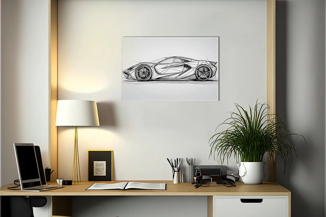 Kurkborden op canvas met technische lijnschets van sportauto – formaat 140 × 100 cm