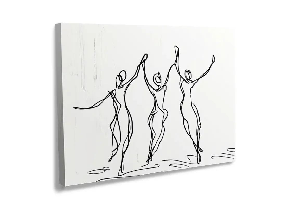 Kurkborden op canvas met minimalistische dansende figuren – formaat 120 × 80 cm