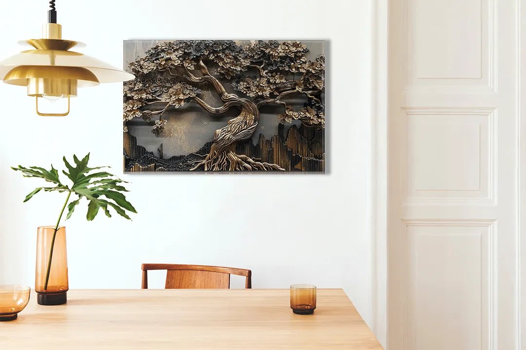 Kurkborden op canvas met metalen levensboom reliëf – formaat 100 × 70 cm