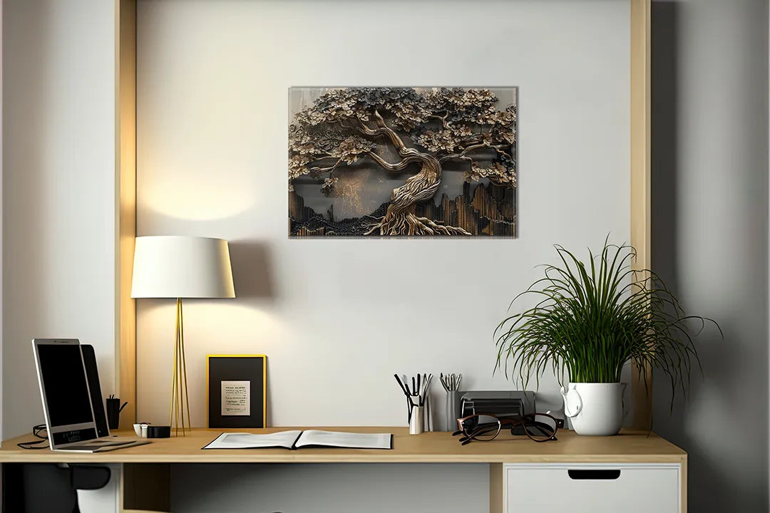 Kurkborden op canvas met metalen levensboom reliëf – formaat 140 × 100 cm