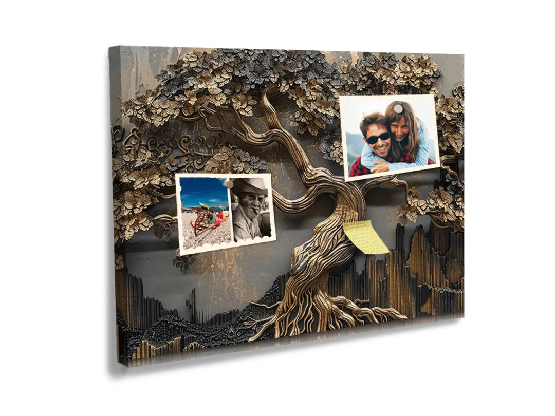 Kurkborden op canvas met metalen levensboom reliëf – formaat 60 × 40 cm