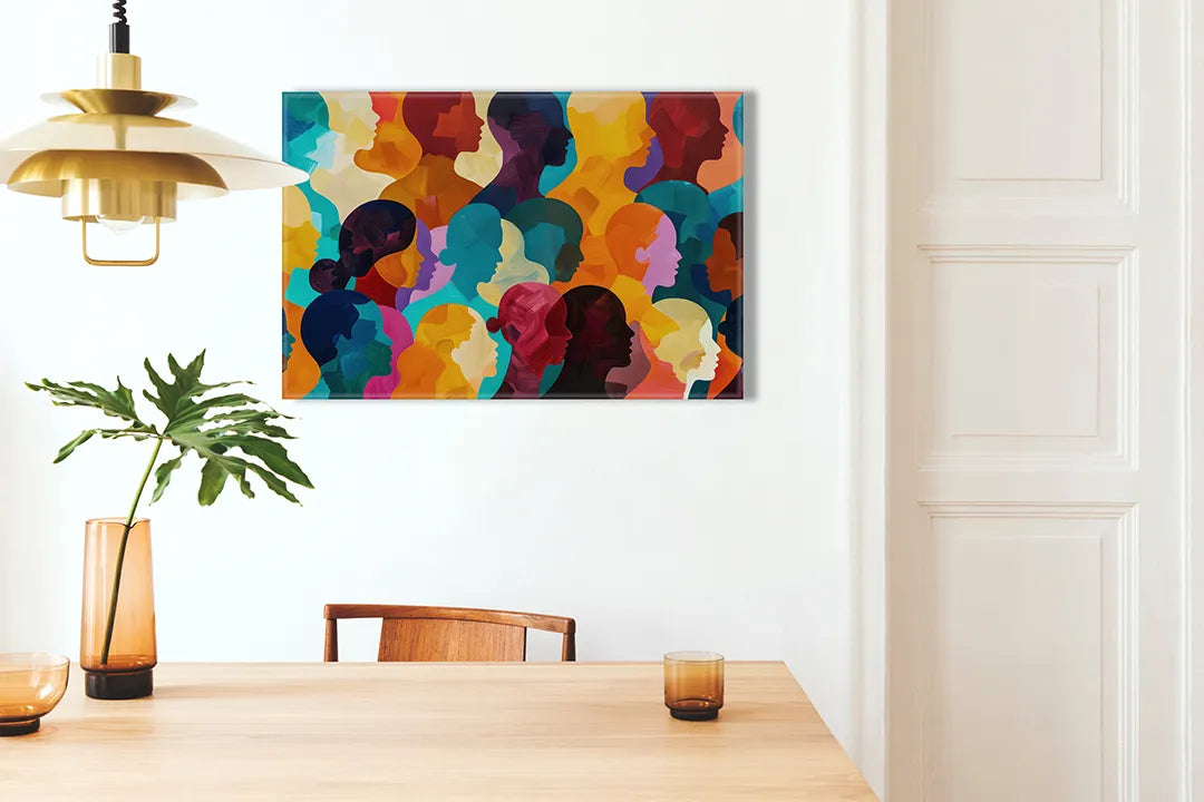 Kurkborden op canvas met kleurrijke abstracte silhouetten – formaat 100 × 70 cm