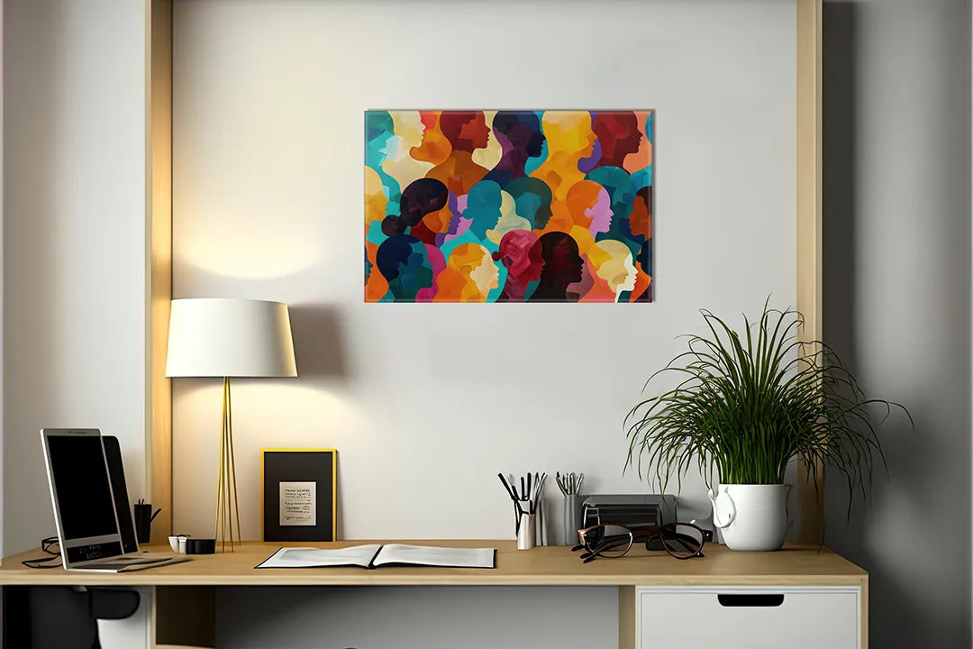 Kurkborden op canvas met kleurrijke abstracte silhouetten – formaat 140 × 100 cm