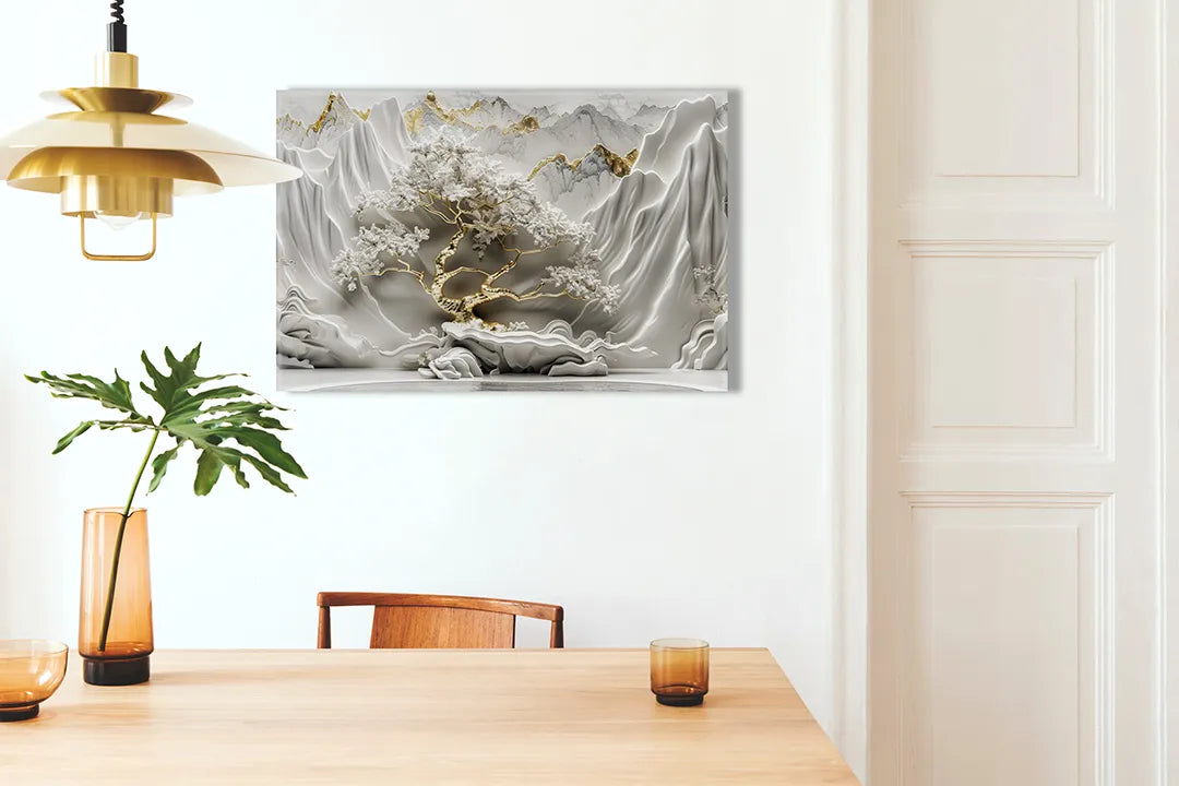 Kurkborden op canvas met wit reliëf met gouden steenaders – formaat 100 × 70 cm