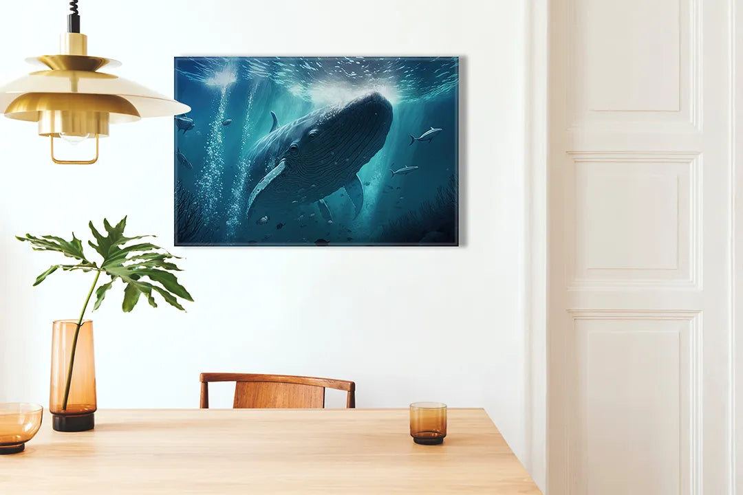 Kurkborden op canvas met walvis onder zonnestralen – formaat 100 × 70 cm