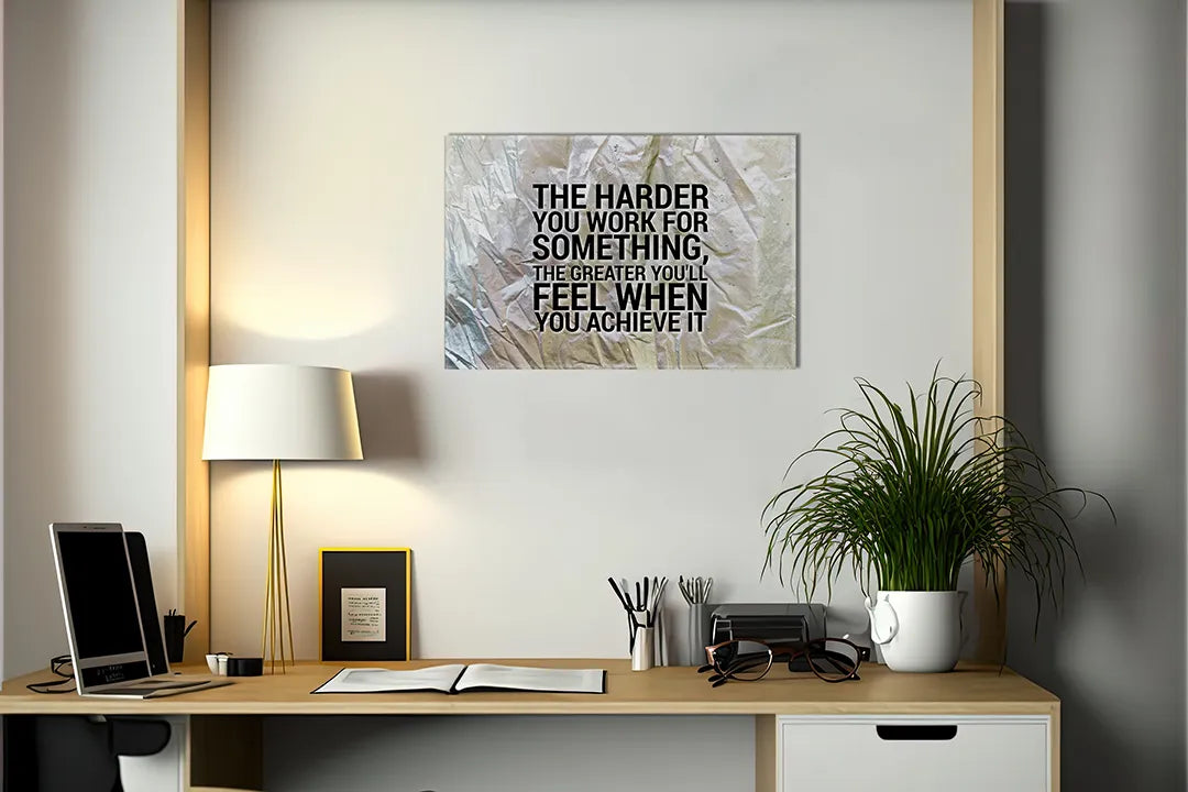 Kurkborden op canvas met motiverende quote over hard werken – formaat 140 × 100 cm