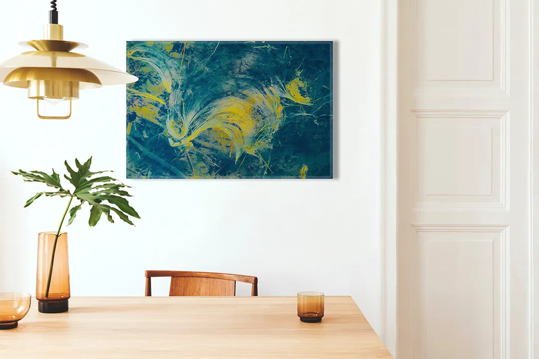 Kork-Pinnwände auf Leinwand mit abstrakte landschaft in blau und gold – Format 100 × 70 cm