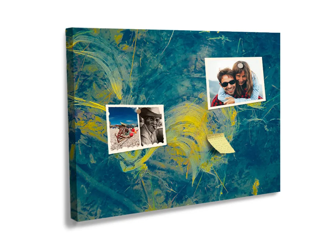 Kork-Pinnwände auf Leinwand mit abstrakte landschaft in blau und gold – Format 60 × 40 cm