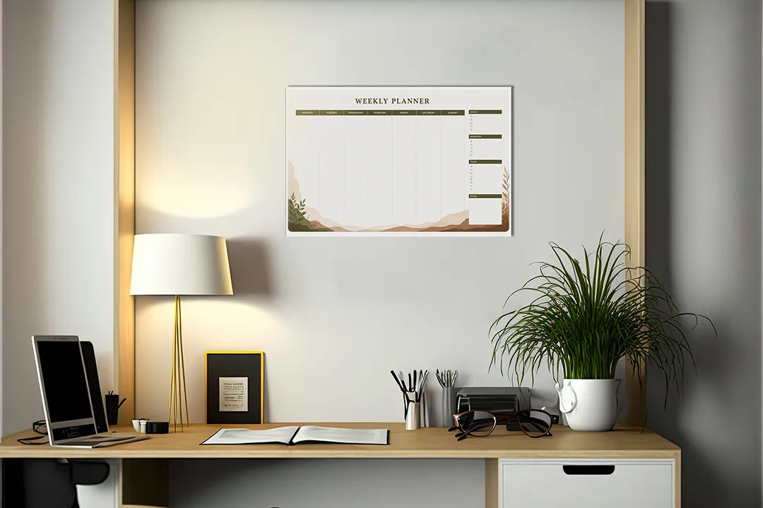 Kork-Pinnwände auf Leinwand mit minimalistischer wochenplaner mit botanischen akzenten – Format 140 × 100 cm