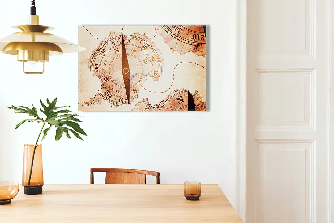 Kurkborden op canvas met vintage kompas en landkaart – formaat 100 × 70 cm