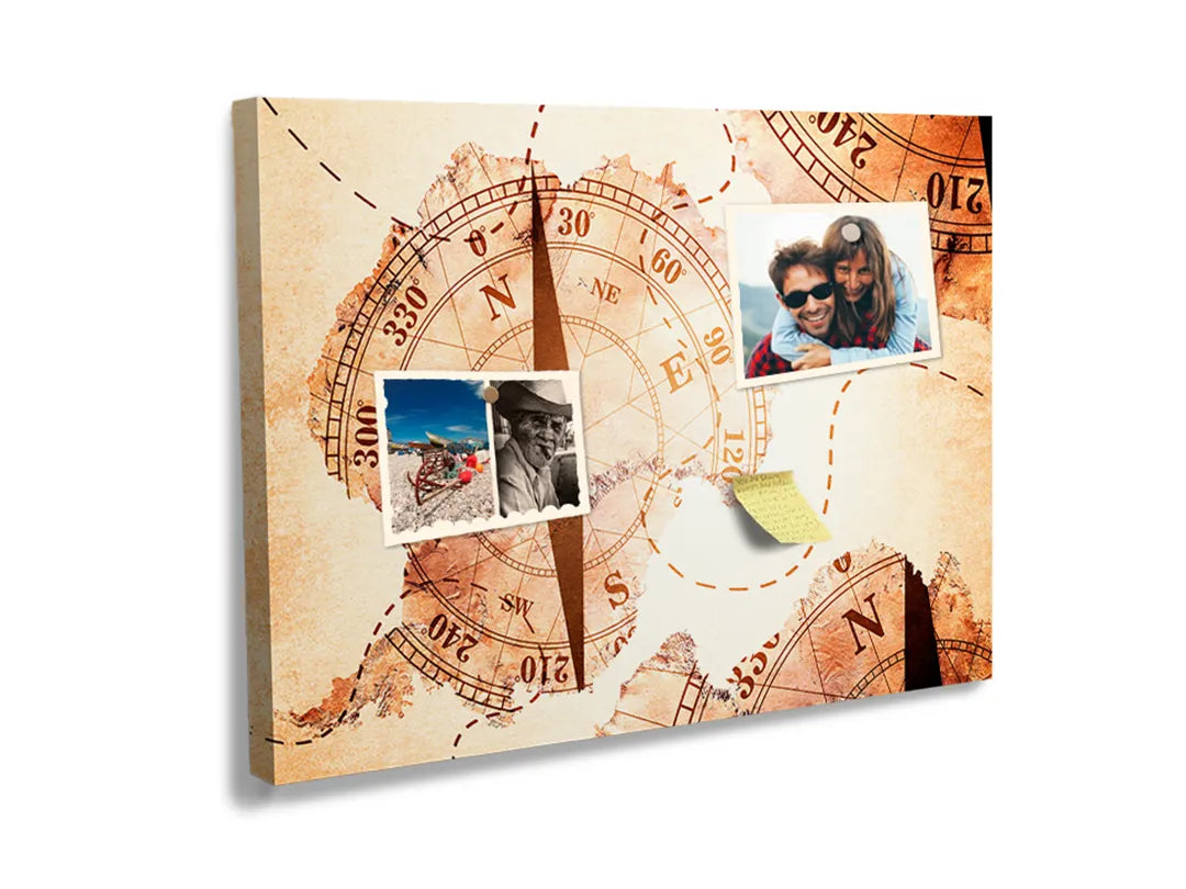 Kurkborden op canvas met vintage kompas en landkaart – formaat 60 × 40 cm