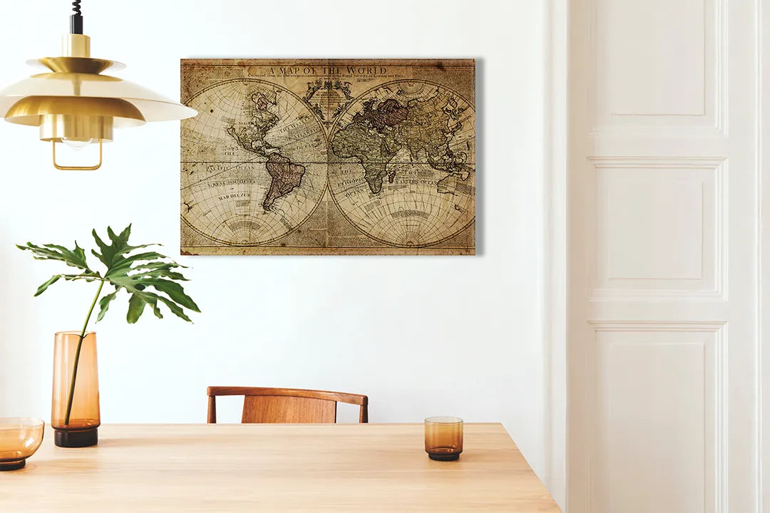 Kork-Pinnwände auf Leinwand mit antike weltkarte in sepia – Format 100 × 70 cm