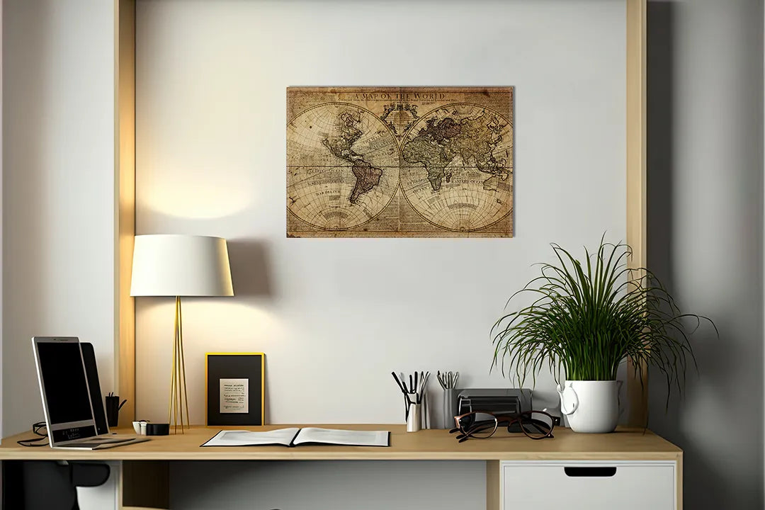 Kork-Pinnwände auf Leinwand mit antike weltkarte in sepia – Format 140 × 100 cm