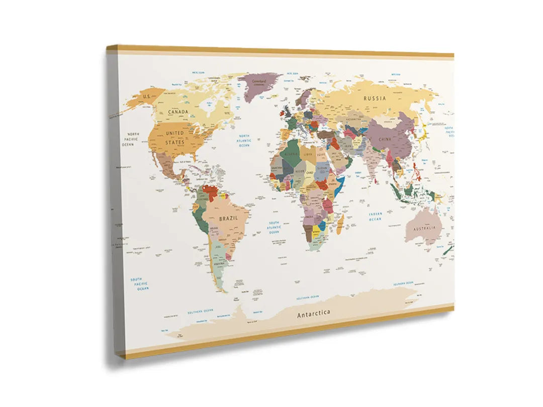 Kork-Pinnwände auf Leinwand mit moderne bunte weltkarte – Format 120 × 80 cm