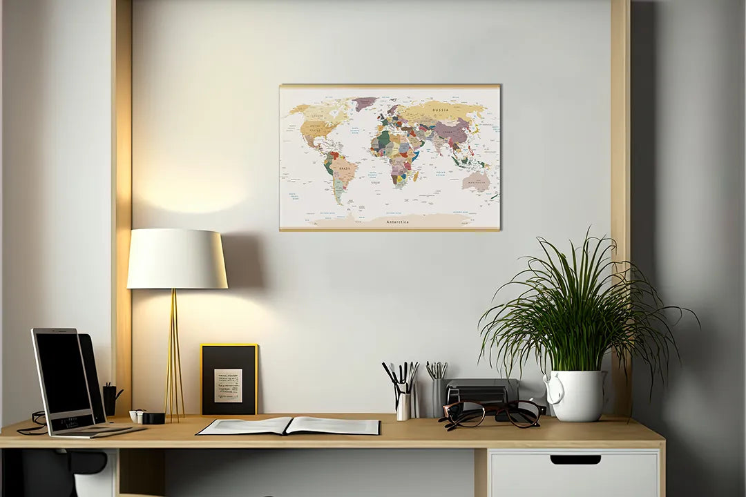 Kork-Pinnwände auf Leinwand mit moderne bunte weltkarte – Format 140 × 100 cm