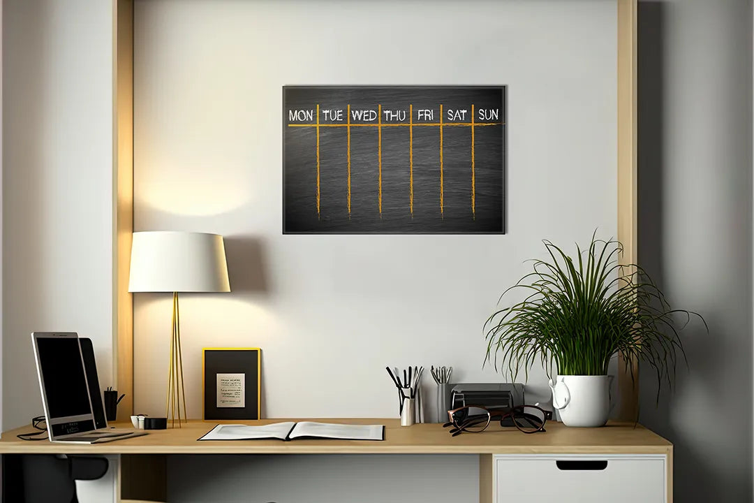 Kurkborden op canvas met zwarte weekplanner met oranje lijnen – formaat 140 × 100 cm