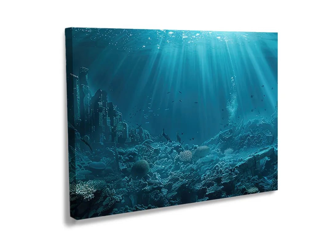 Kurkborden op canvas met diepzee met zonnestralen – formaat 120 × 80 cm