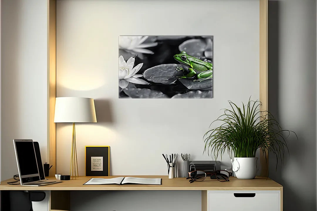 Kurkborden op canvas met groene kikker op zwart-witte bloemen – formaat 140 × 100 cm