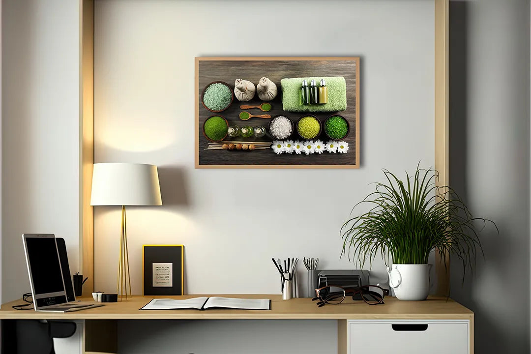 Metall Magnetboard mit hochwertigem Spa Setting Mit Grüne Handdoeken Und Zout Design
