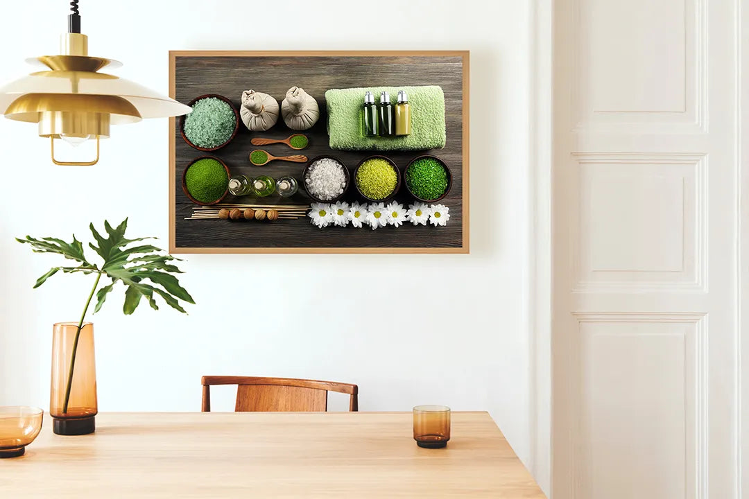 Metall Magnetboard mit hochwertigem Spa Setting Mit Grüne Handdoeken Und Zout Design