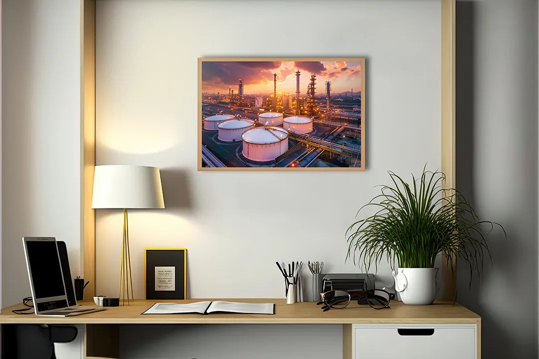 Metall Magnetboard mit hochwertigem Ölraffinerie Industrie Sonnenuntergang Design