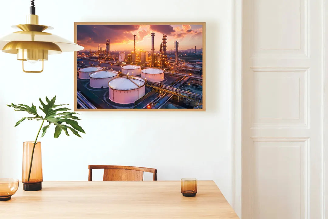 Metall Magnetboard mit hochwertigem Ölraffinerie Industrie Sonnenuntergang Design