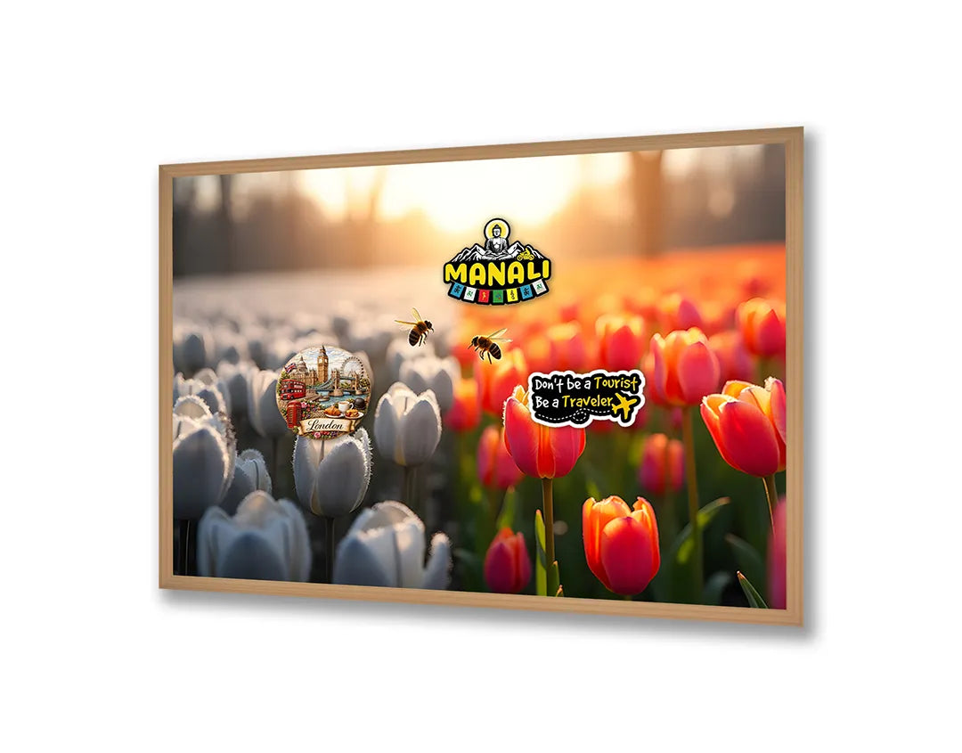 Metall Magnetboard mit hochwertigem Tulpenfeld weiß rot Sonnenuntergang Design