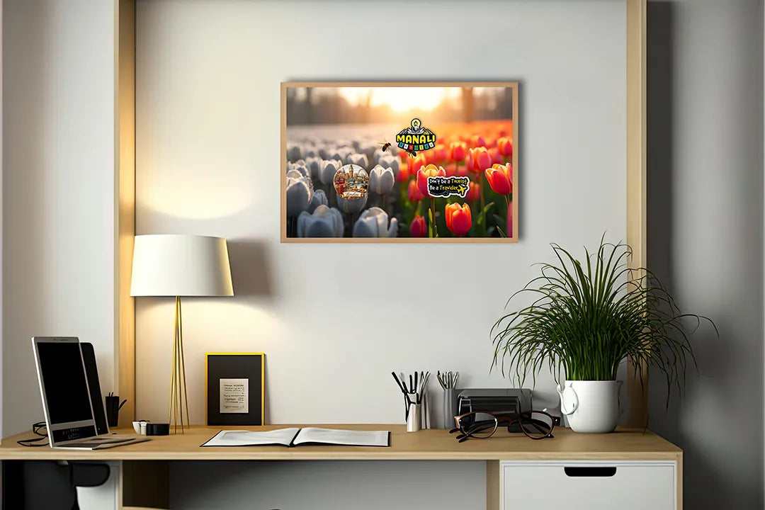 Metall Magnetboard mit hochwertigem Tulpenfeld weiß rot Sonnenuntergang Design