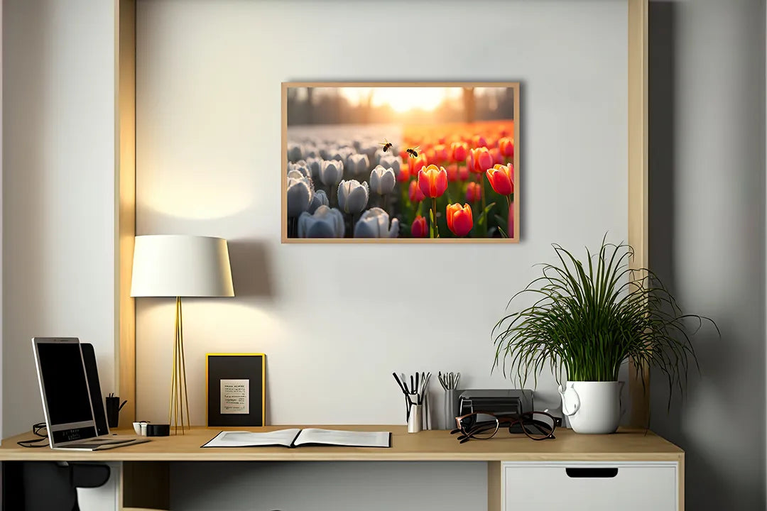 Metall Magnetboard mit hochwertigem Tulpenfeld weiß rot Sonnenuntergang Design