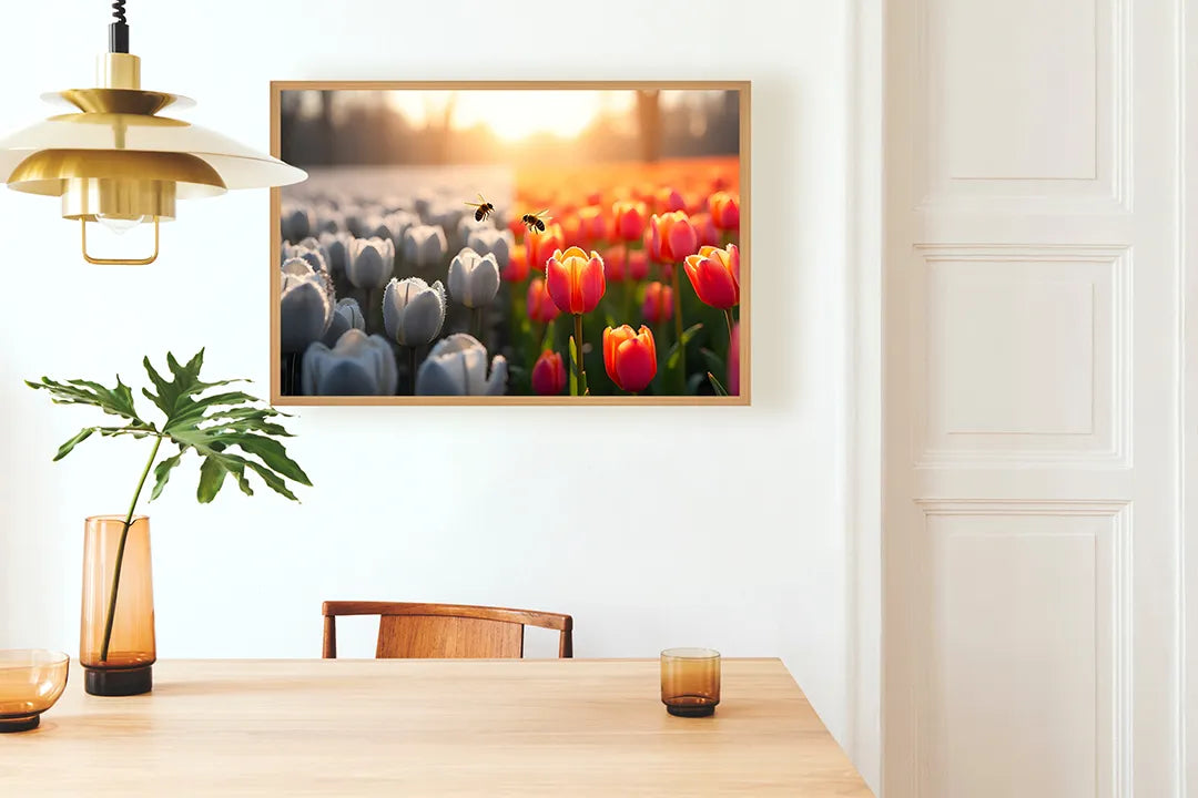 Metall Magnetboard mit hochwertigem Tulpenfeld weiß rot Sonnenuntergang Design