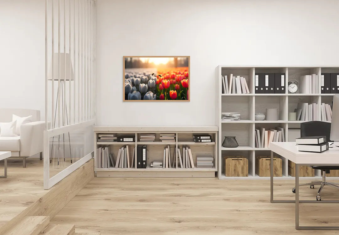 Metall Magnetboard mit hochwertigem Tulpenfeld weiß rot Sonnenuntergang Design