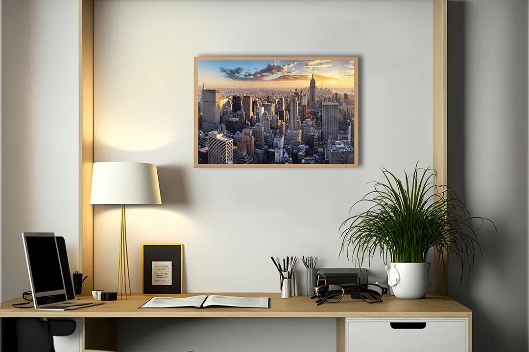 Metall Magnetboard mit hochwertigem New York Skyline Bei Sonnenuntergang Design