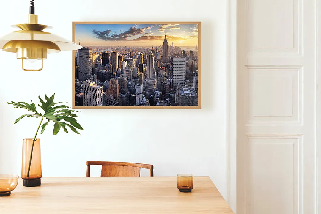 Metall Magnetboard mit hochwertigem New York Skyline Bei Sonnenuntergang Design