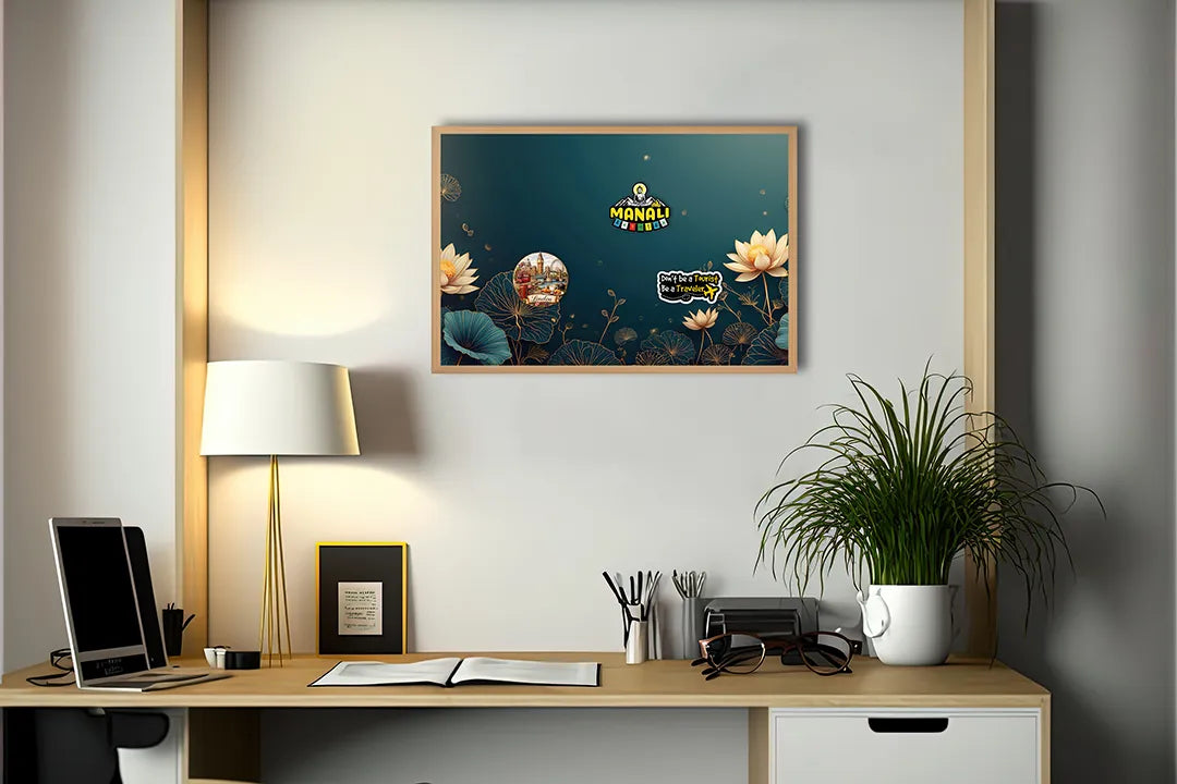 Metall Magnetboard mit hochwertigem Goldene Lotusblumen blau Design