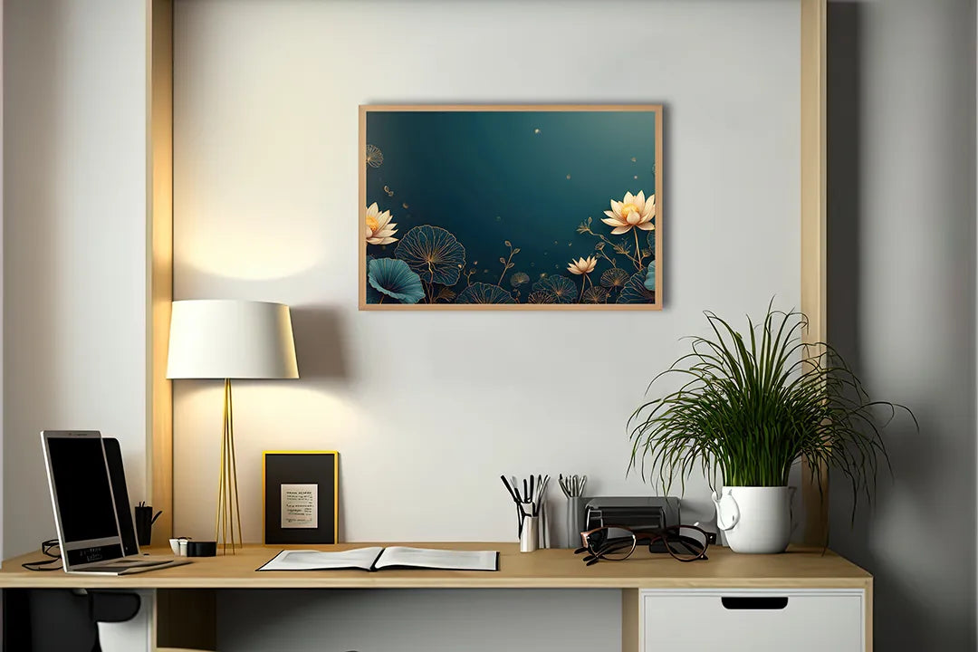 Metall Magnetboard mit hochwertigem Goldene Lotusblumen blau Design