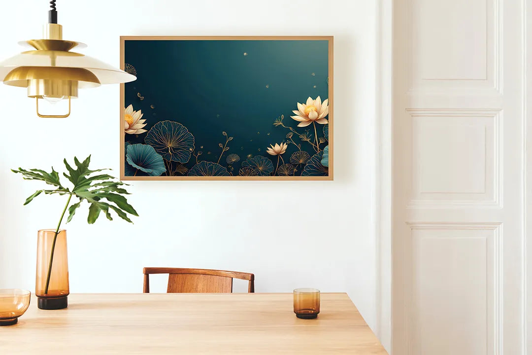 Metall Magnetboard mit hochwertigem Goldene Lotusblumen blau Design