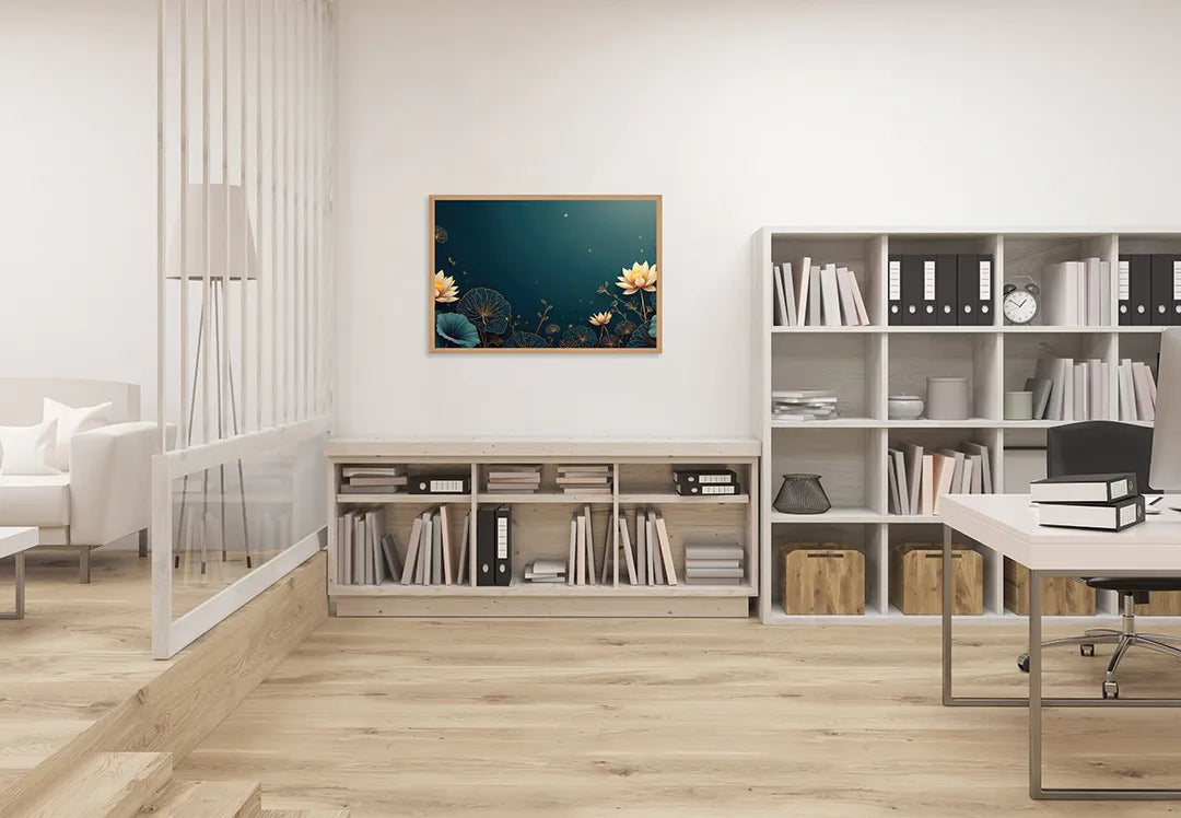 Metall Magnetboard mit hochwertigem Goldene Lotusblumen blau Design