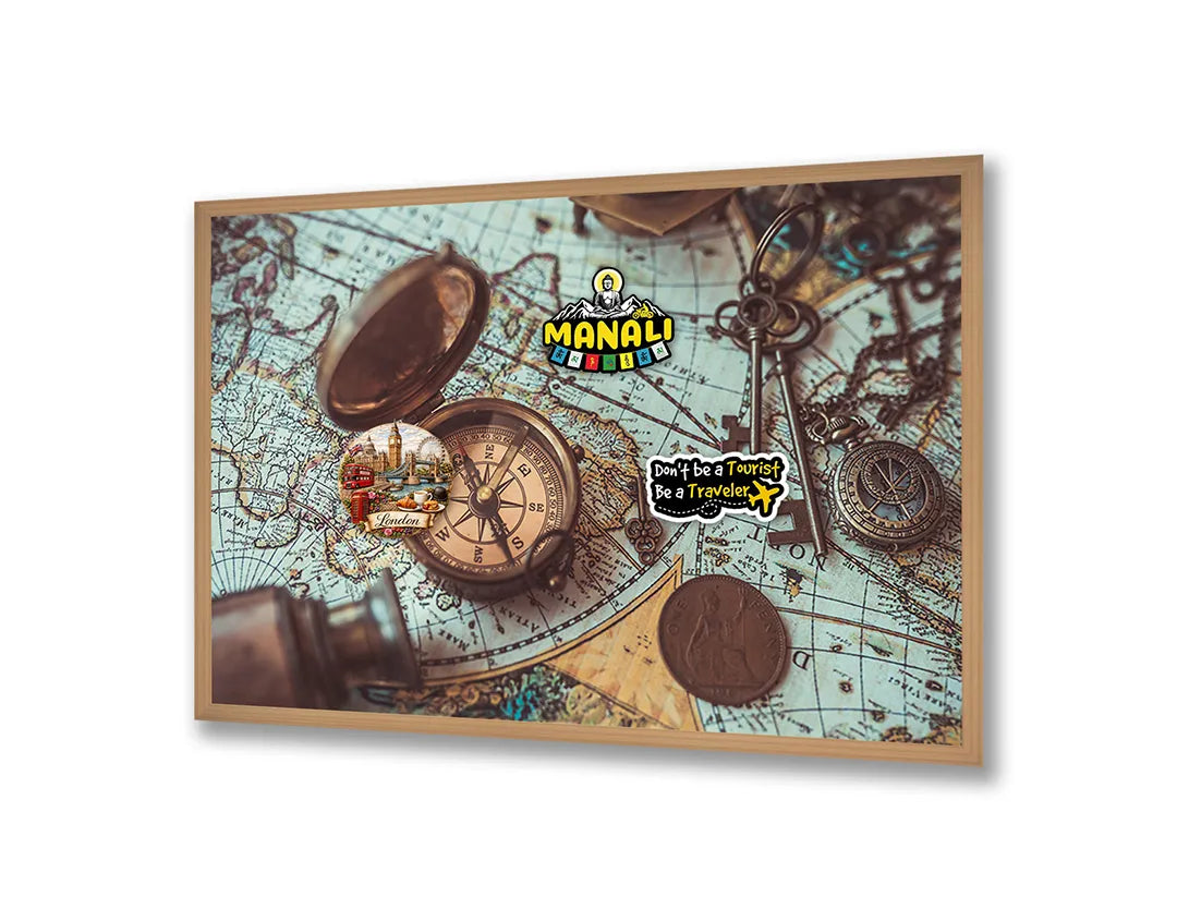 Metall Magnetboard mit hochwertigem Vintage Weltkarte Mit Alte Kompassen Design