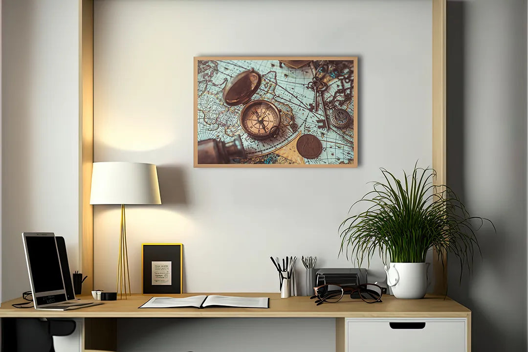 Metall Magnetboard mit hochwertigem Vintage Weltkarte Mit Alte Kompassen Design