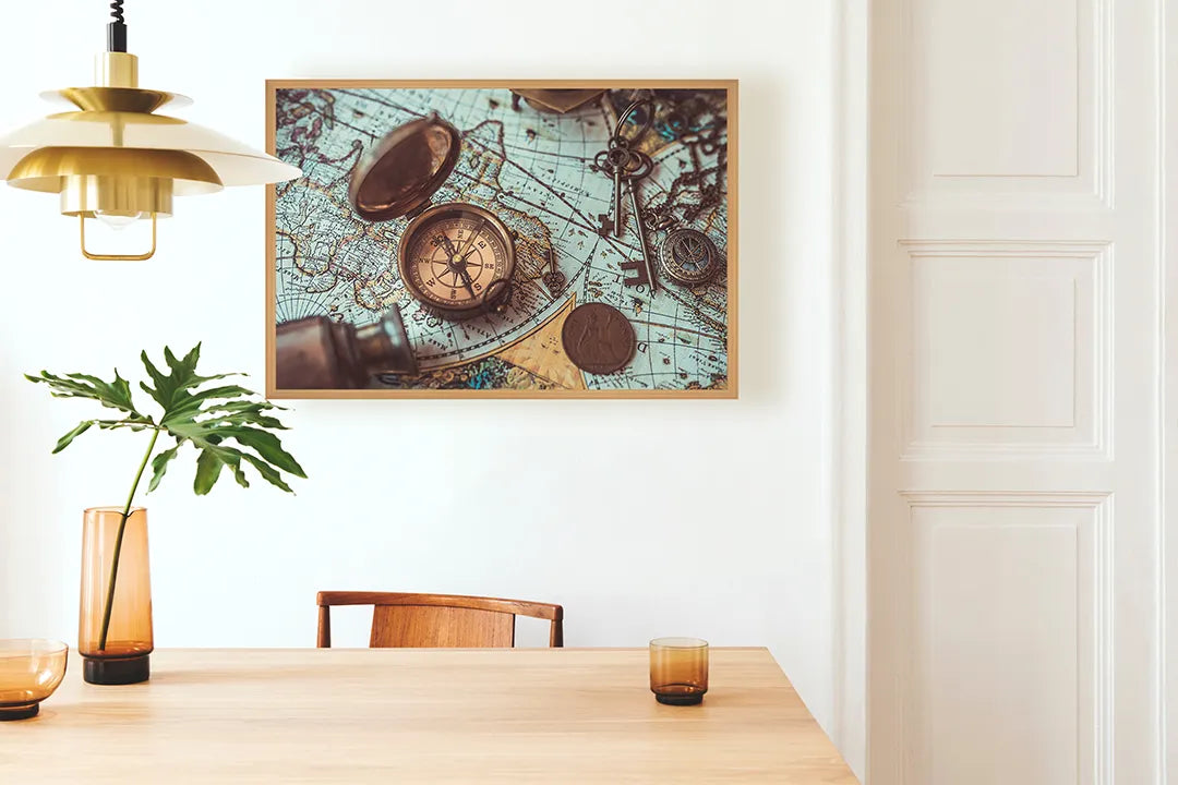 Metall Magnetboard mit hochwertigem Vintage Weltkarte Mit Alte Kompassen Design
