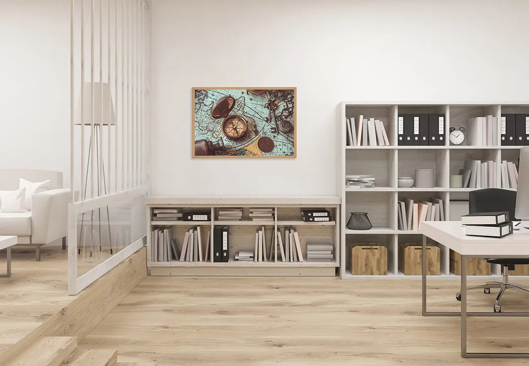 Metall Magnetboard mit hochwertigem Vintage Weltkarte Mit Alte Kompassen Design