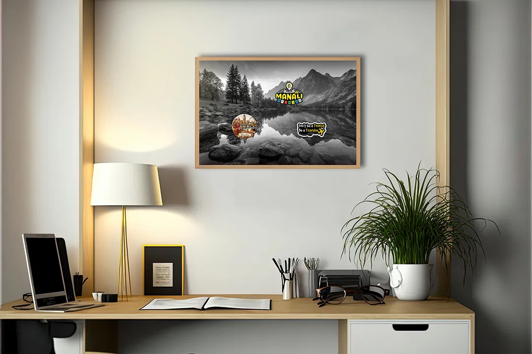 Metall Magnetboard mit hochwertigem Bergsee Spiegelung schwarz weiß Design