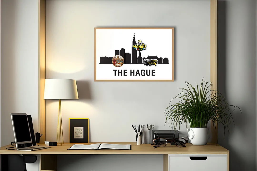 Metall Magnetboard mit hochwertigem The Hague Skyline schwarz weiß Design